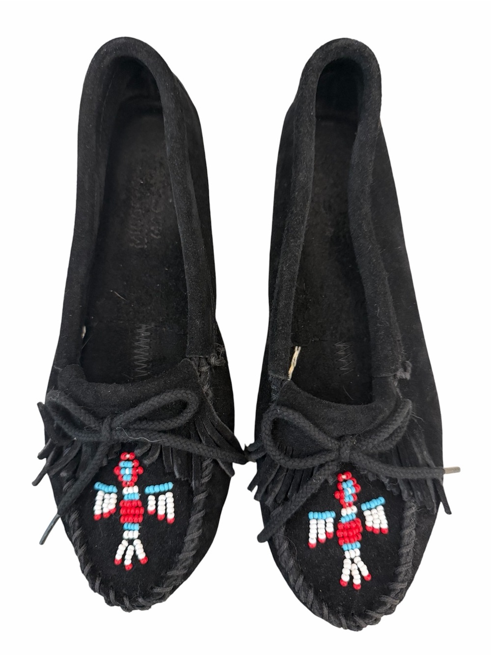 Minnetonka Black Suede Beaded Thunderbird Moccasins